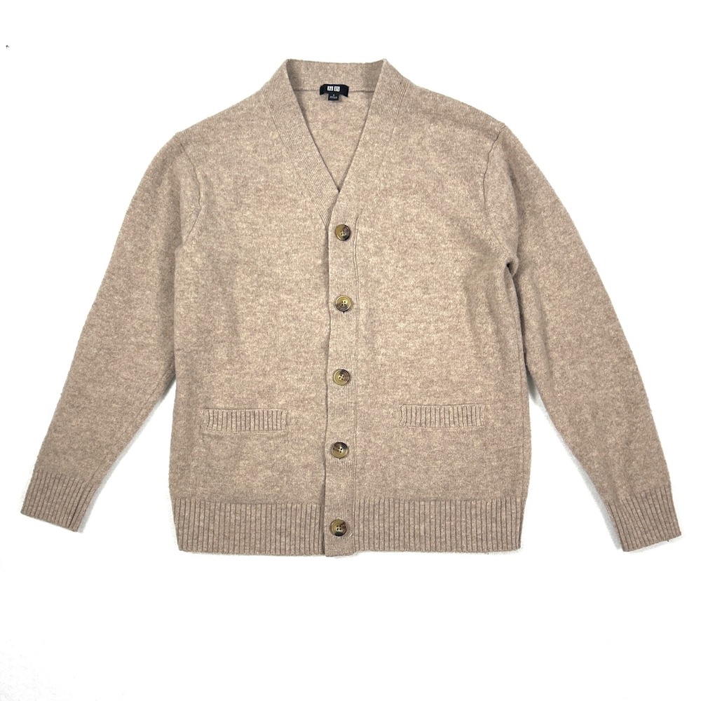Uniqlo Wool Cardigan Womens Small Beige V-Neck Sweater Button Front Long Sleeve